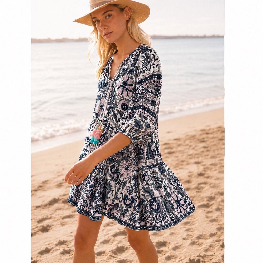 Bell by Alicia Bell Amelia Cotton Silk Mini Dress XS Block Print Coastal